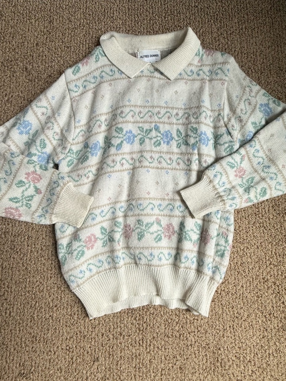 Vintage Alfred Dunner Cream Collared Floral Knit Sweater
